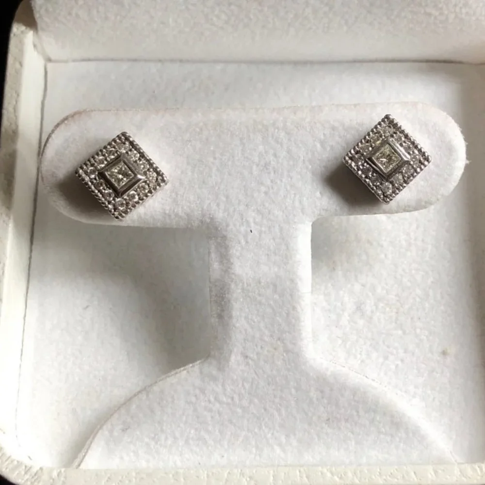 Square Diamond Earrings Art Deco John Herold Jewelry 14K White Gold - Picture 2 of 3
